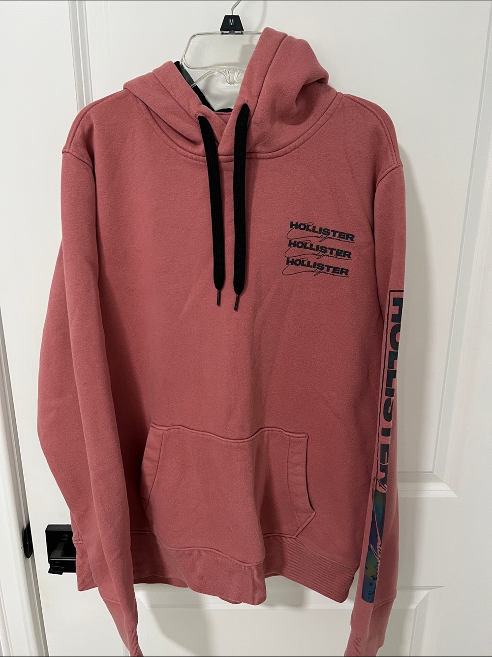 Hollister Men's Dusty Rose Crewneck Hoodie with Black Drawstrings size L